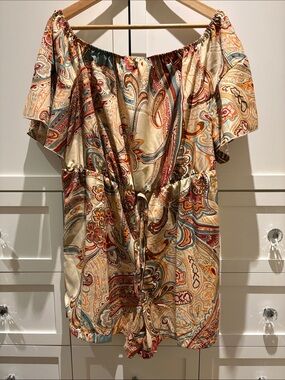 SHEIN Cream Multicolor Paisley Off-Shoulder Romper